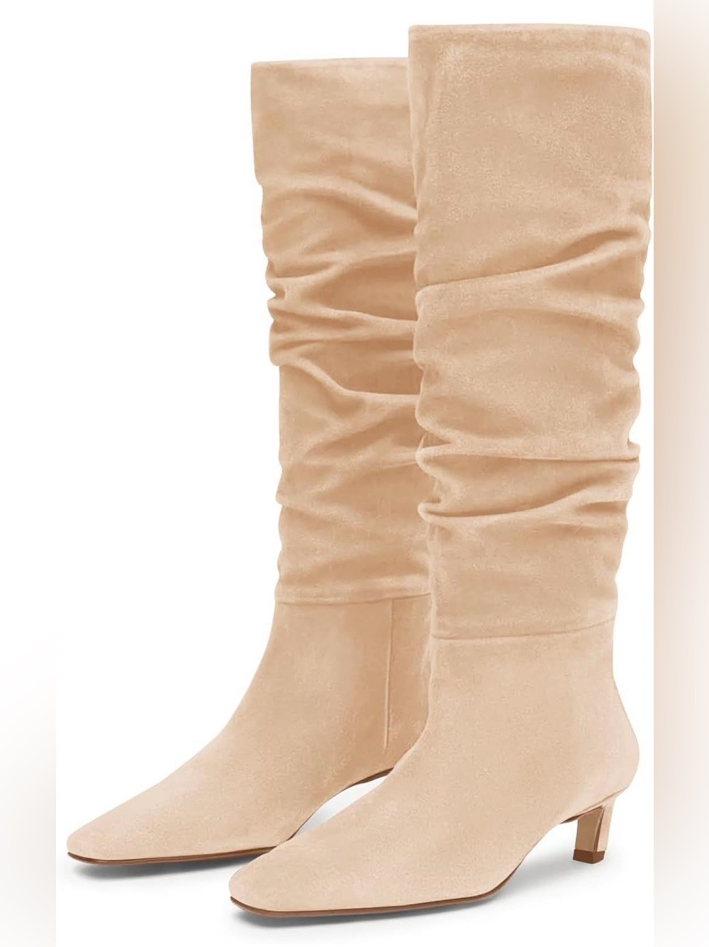 Coutgo Women’s Beige Slouchy Knee-High Kitten Heel Boots - US Size 8